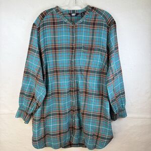 Lands End Button Down Shirt Womens Teal Plaid Flannel Tunic No Collar POCKETS 2X
